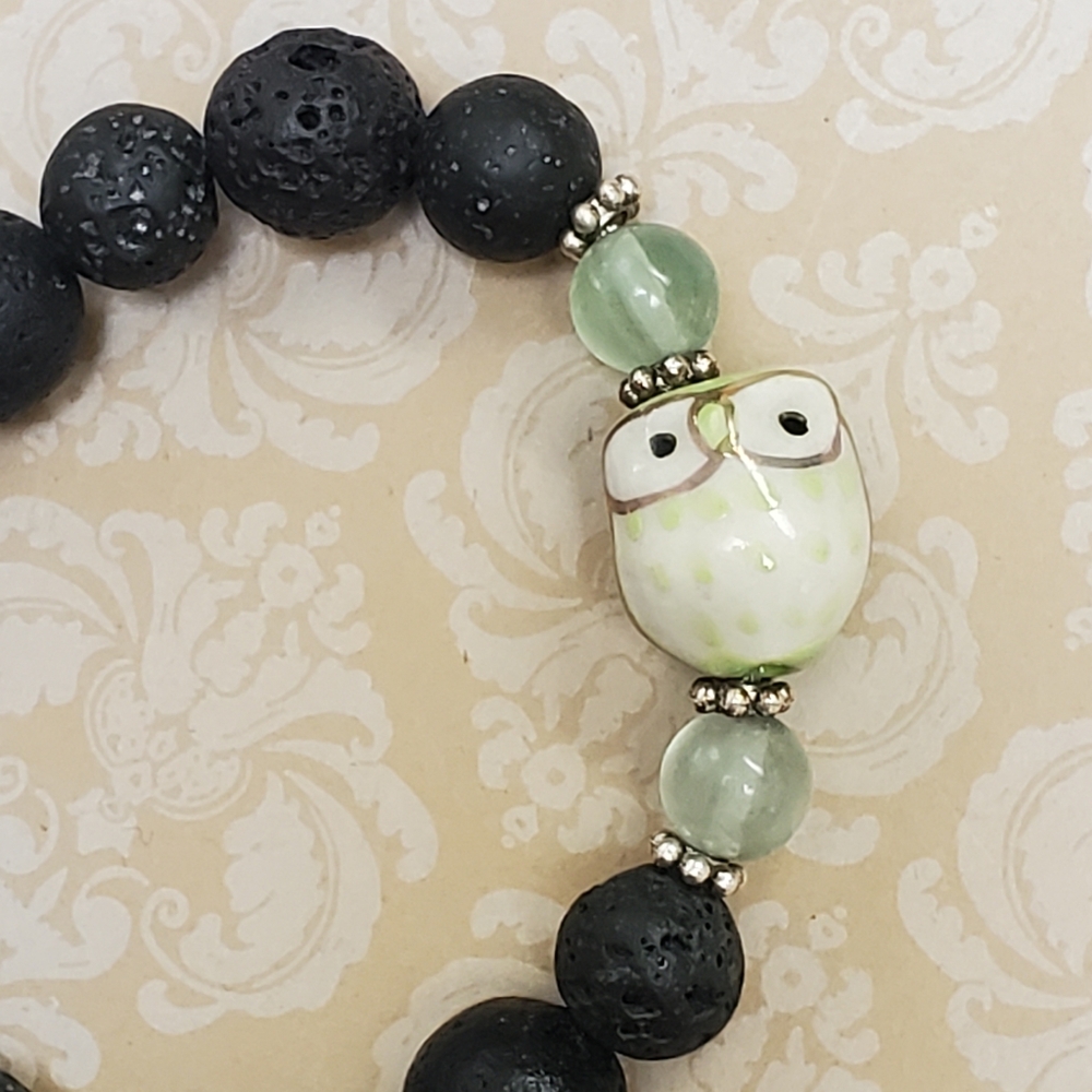 Owl Light Green and Green Fluorite with Lavastone Beaded Bracelet Design